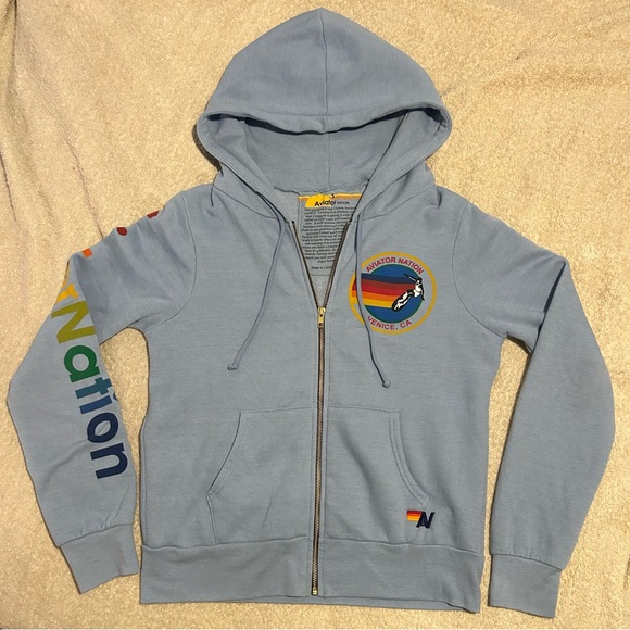 EUC Aviator Nation Light Blue Hoodie with Multicolor Arm Logo - Picture 3 of 13